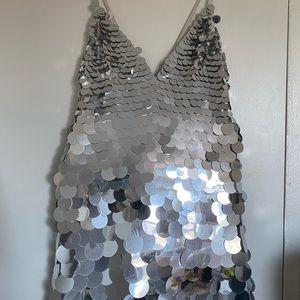 ASOS sexy silver oversized discs strap dress.